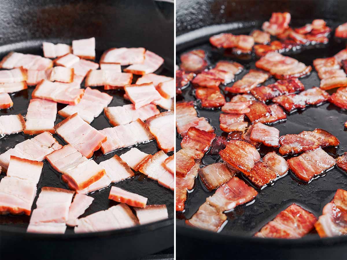 Chopped smoked bacon sizzling in a cast-iron skillet, shown before and after it turns golden and lightly crisp.