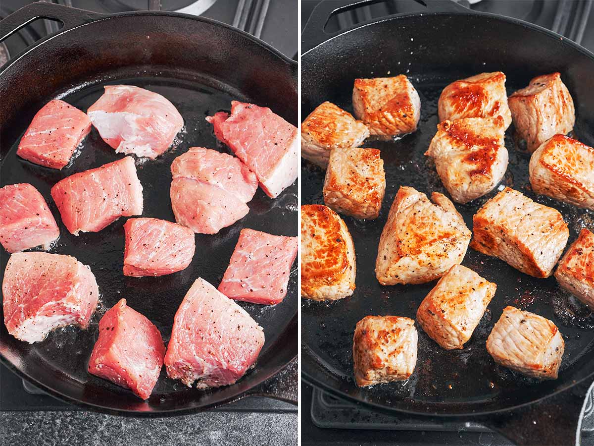 Pork shoulder pieces searing in a hot cast-iron skillet, shown before and after they pick up a deep golden crust.