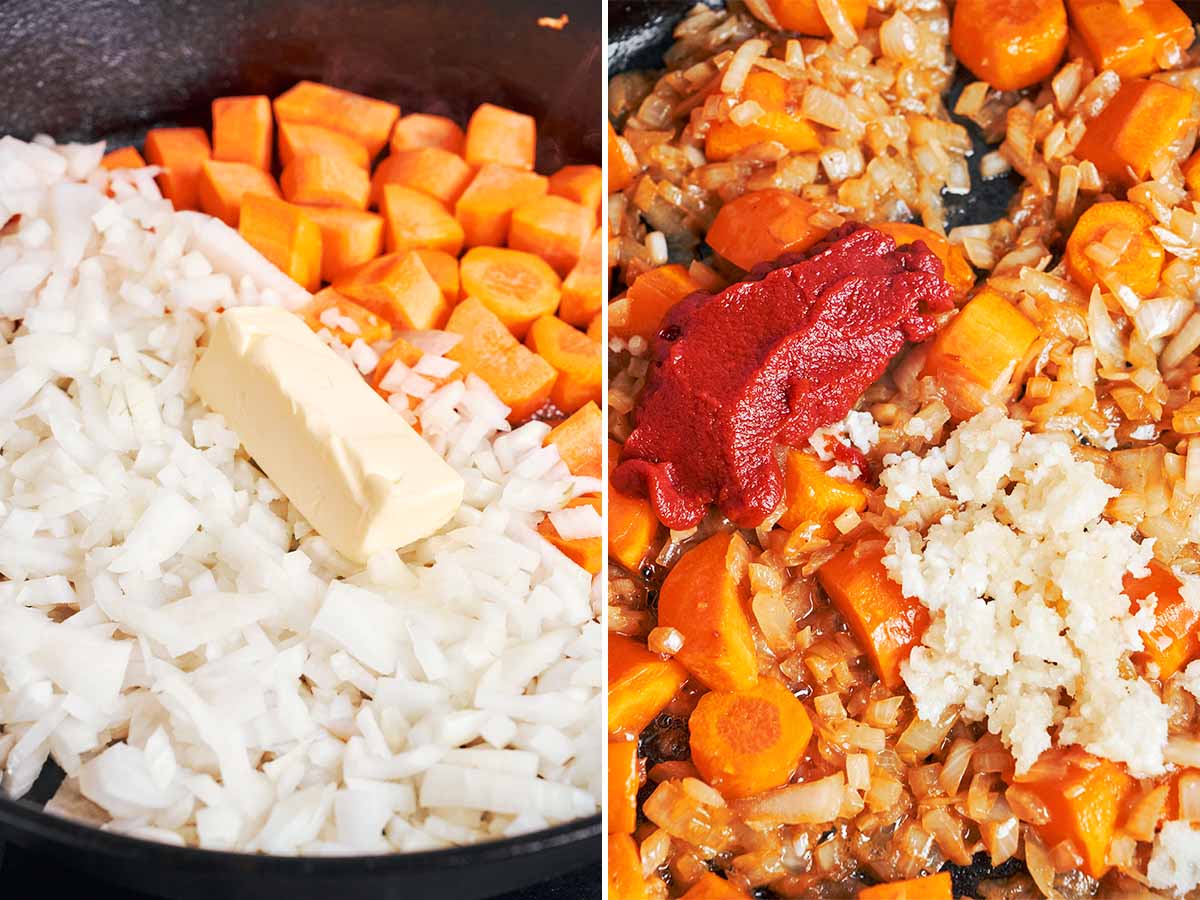 Onion and carrots softening in butter, followed by garlic and tomato paste stirred into the golden vegetables.