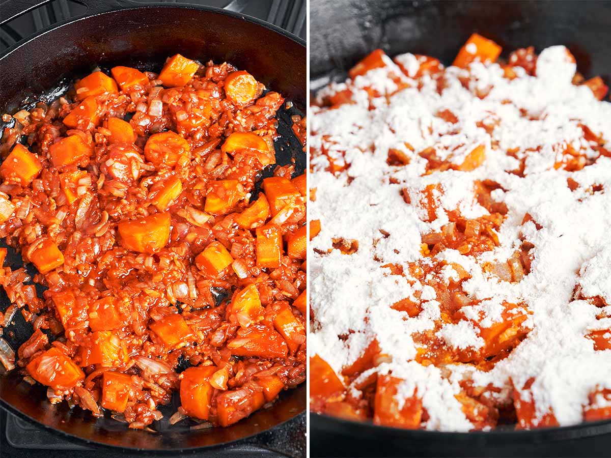 Tomato paste cooked into the softened onions and carrots, followed by a light coating of flour to help thicken the sauce.