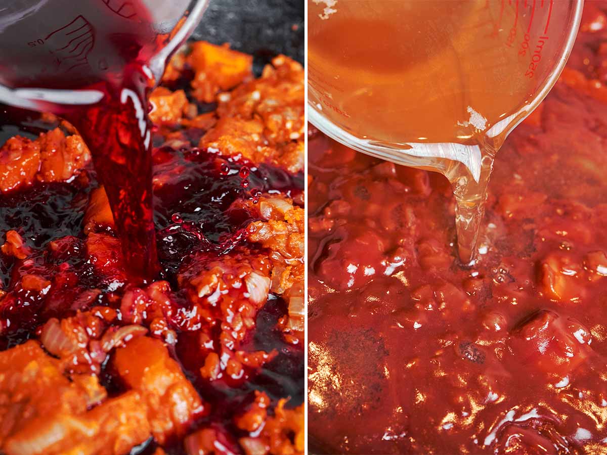 Red wine and broth poured into the tomato-rich vegetable base, loosening all the flavorful browned bits from the skillet.