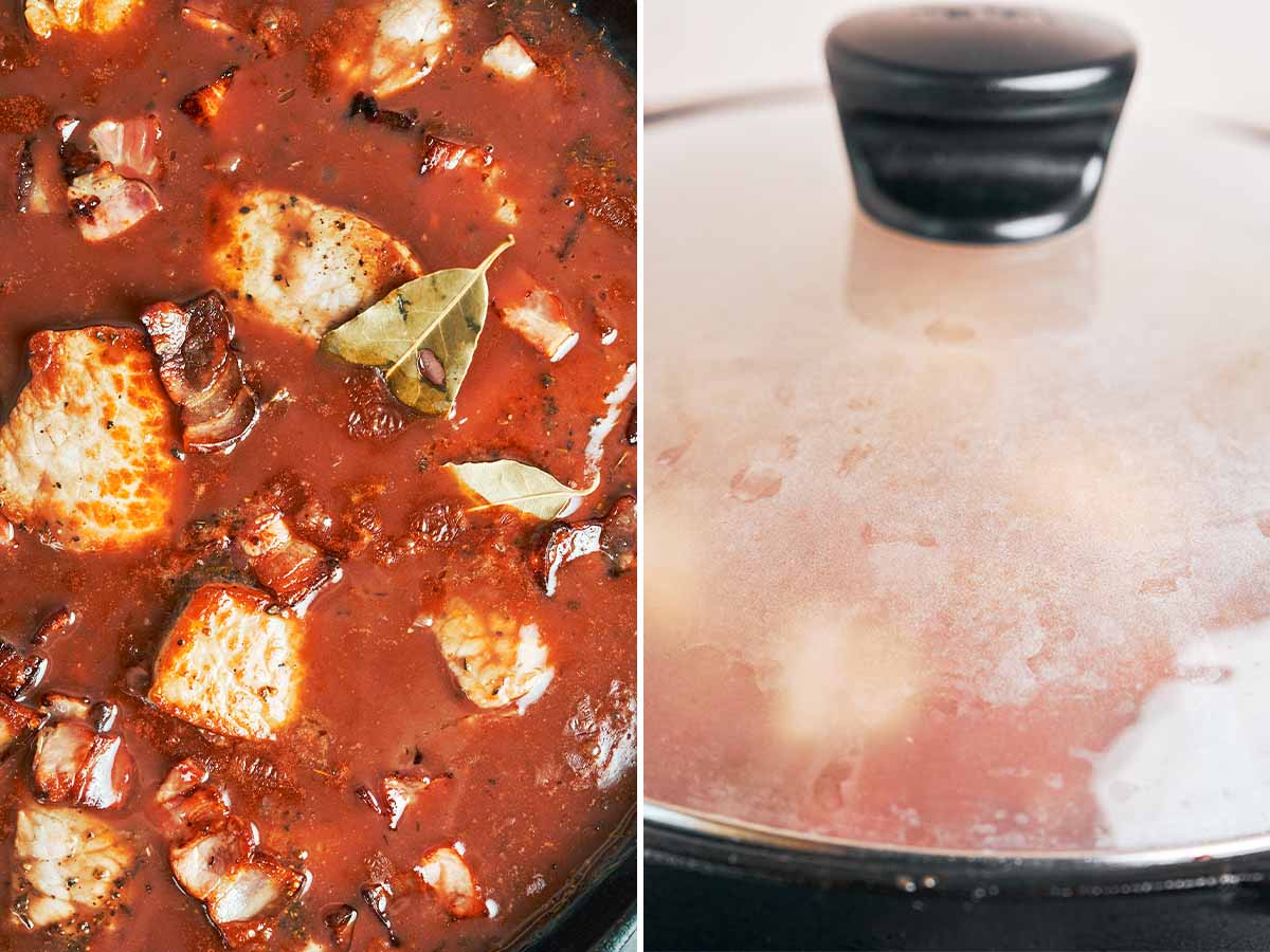 Browned pork and bacon nestled into the red wine sauce with bay leaves, then covered for a slow, gentle simmer.