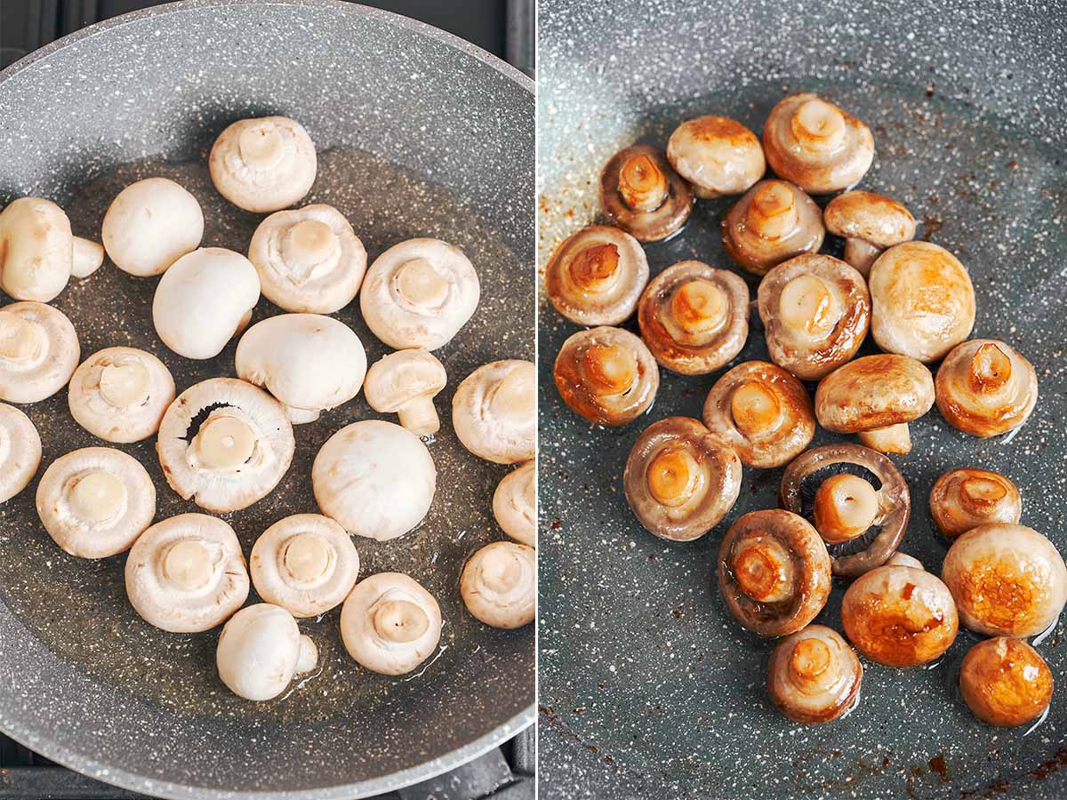 Whole mushrooms cooking in a skillet, shown before and after they turn deeply golden around the edges.
