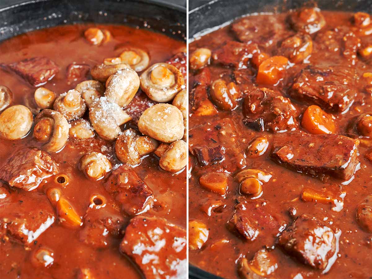 Golden mushrooms stirred into the simmering pork stew, then cooked until the sauce turns thick, glossy, and richly flavored.