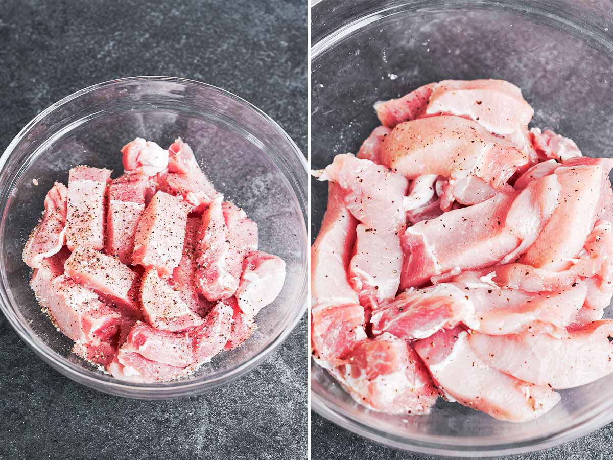 Pork shoulder strips seasoned with salt and black pepper and ready for the skillet