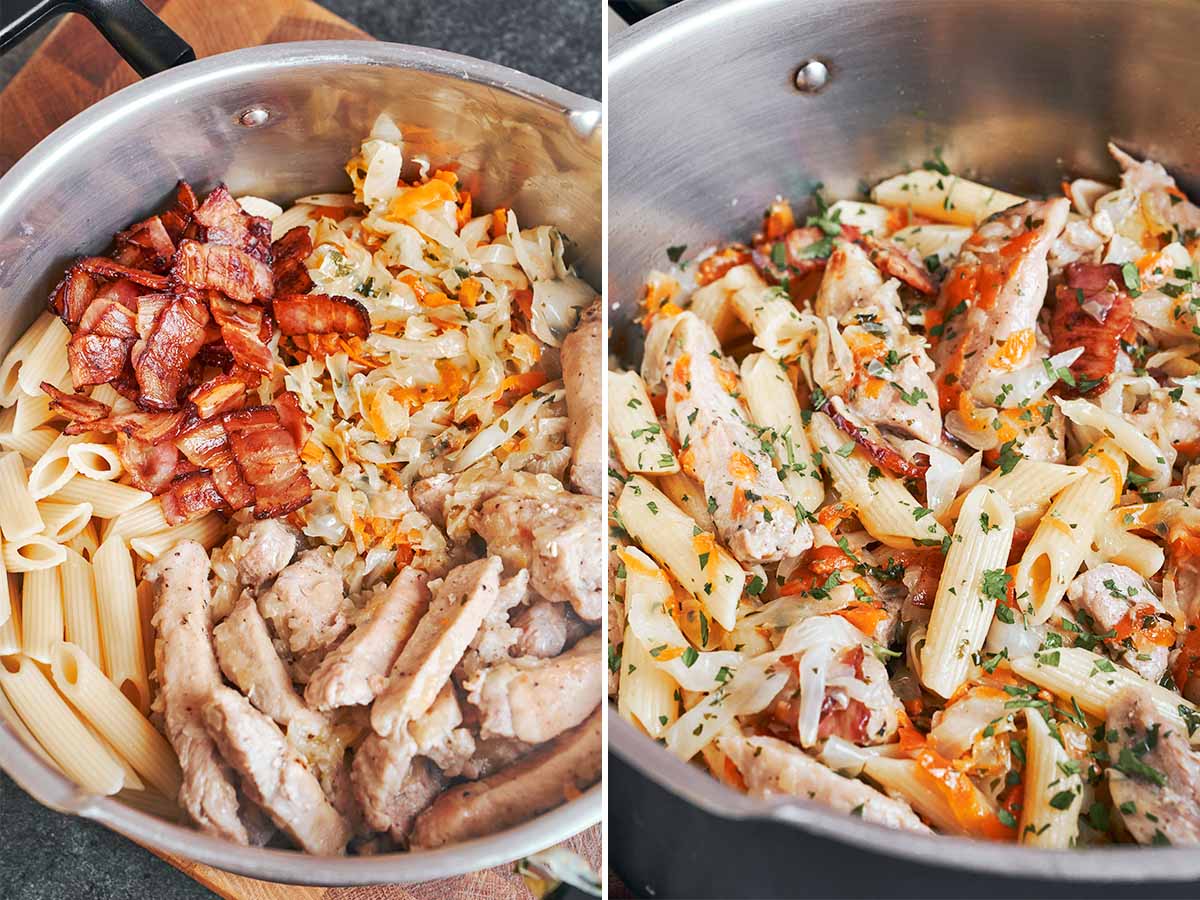 Tender pork, smoky bacon, cabbage, and penne gathered in the pot before being tossed into a hearty pasta dinner