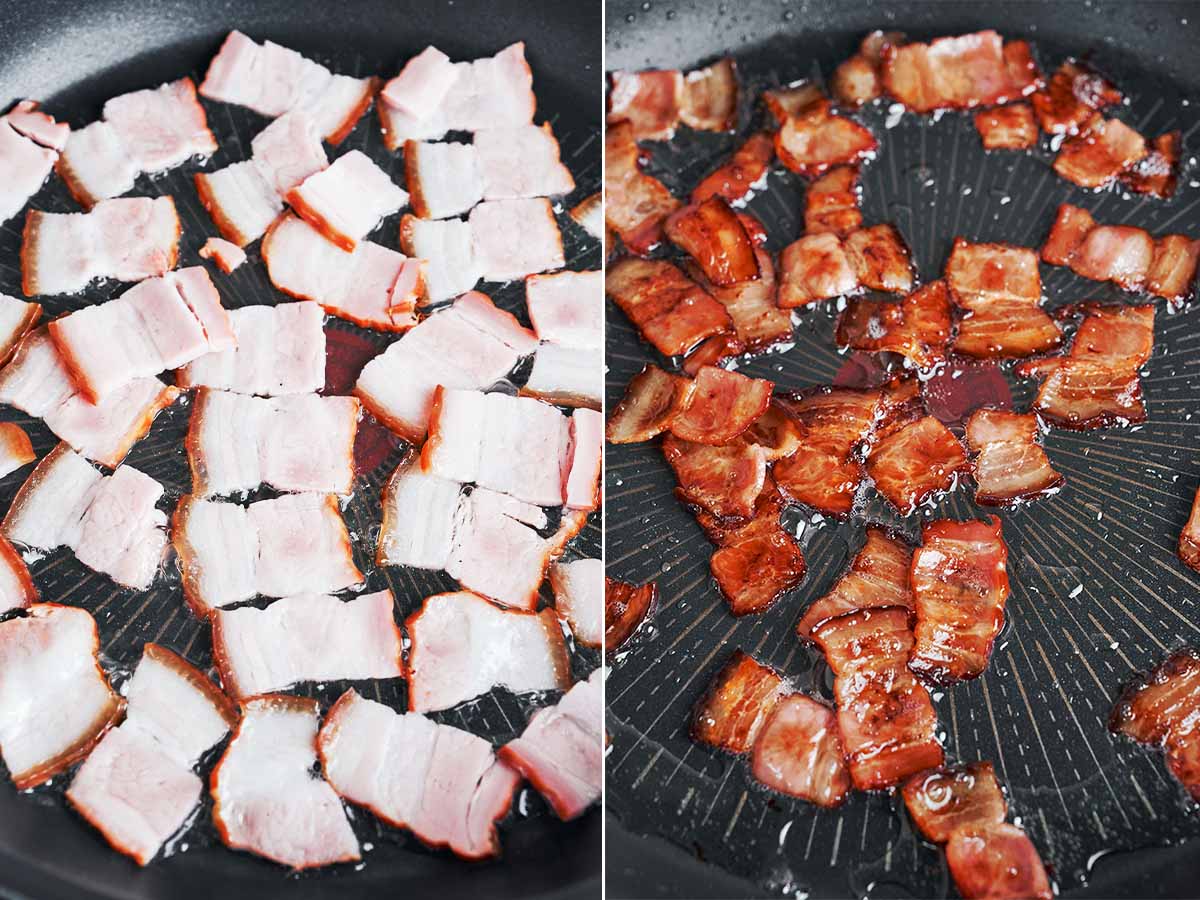 Smoked bacon sizzling in the skillet before turning golden with crisp, caramelized edges