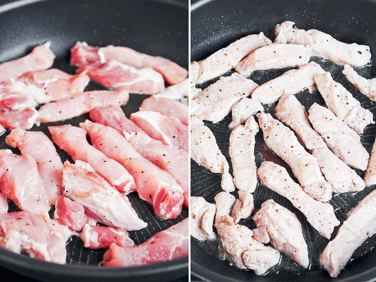 Seasoned pork shoulder strips going into the skillet and cooking until lightly browned
