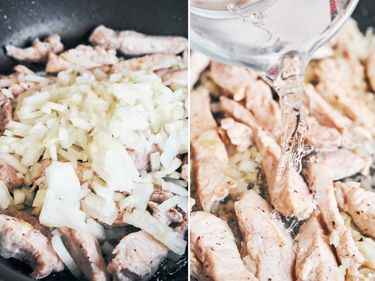 Chopped onion added to the pork before pouring in water for a gentle simmer