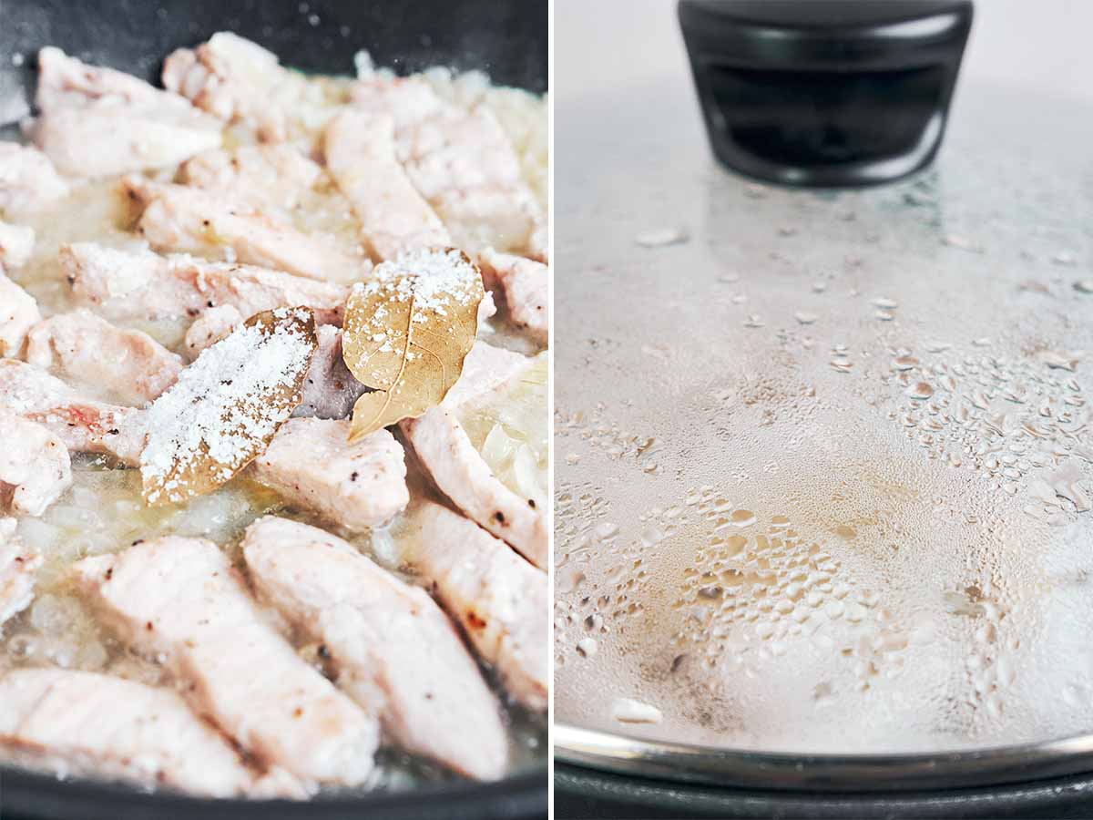 Pork shoulder simmering with bay leaves before the skillet is covered to cook until tender