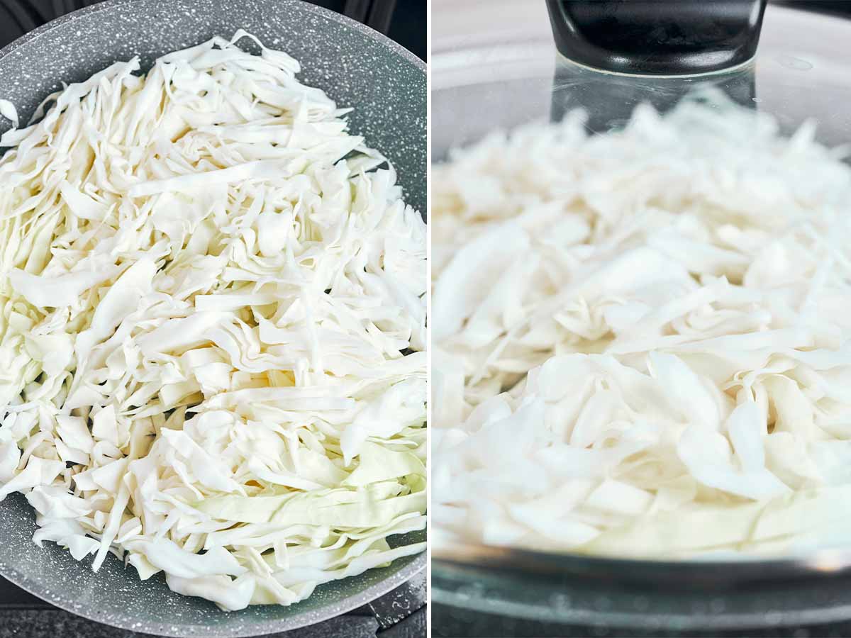 Freshly sliced cabbage settling into the skillet before being covered to soften gently