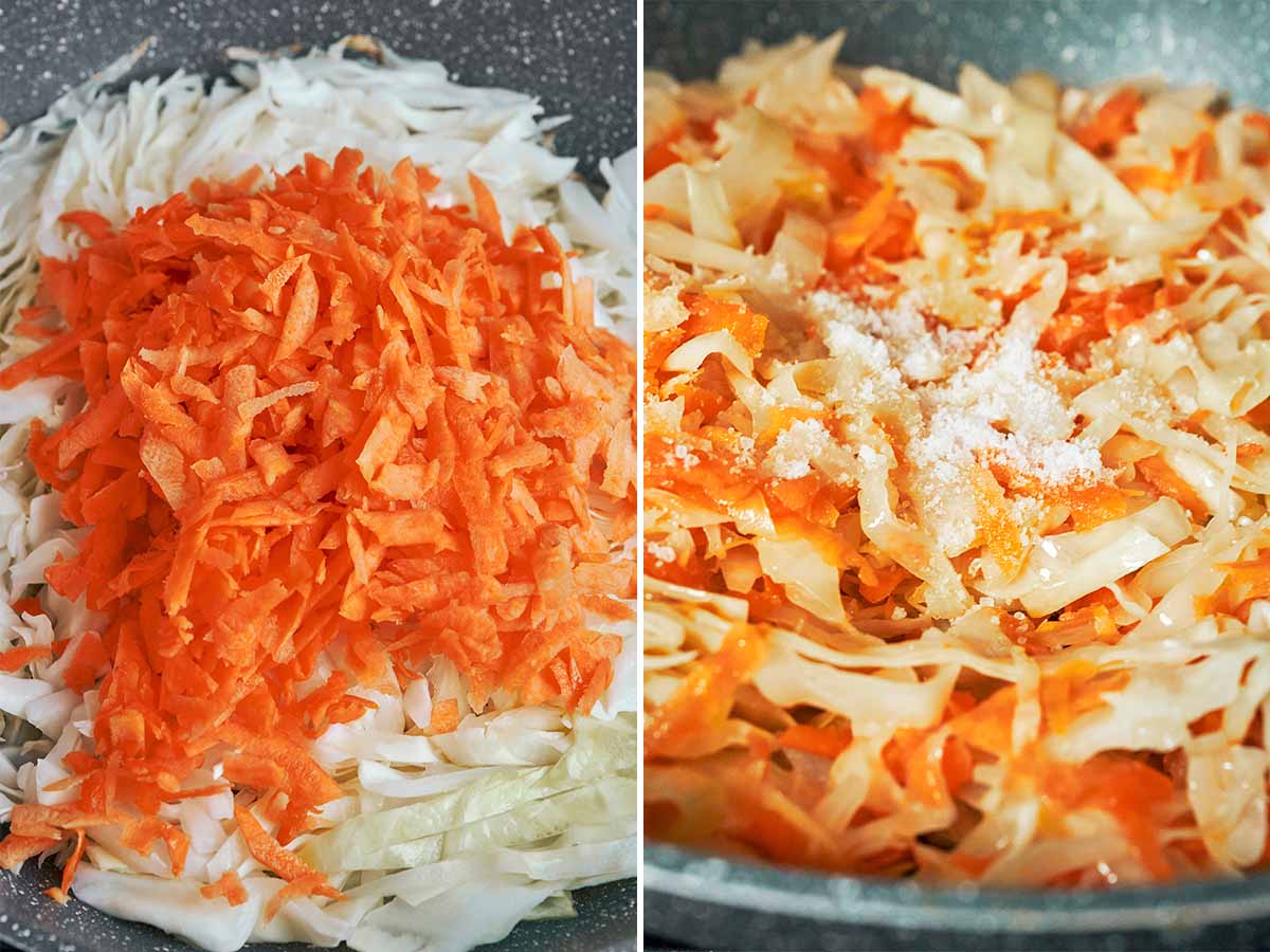 Grated carrot folded into the softened cabbage before seasoning everything in the skillet