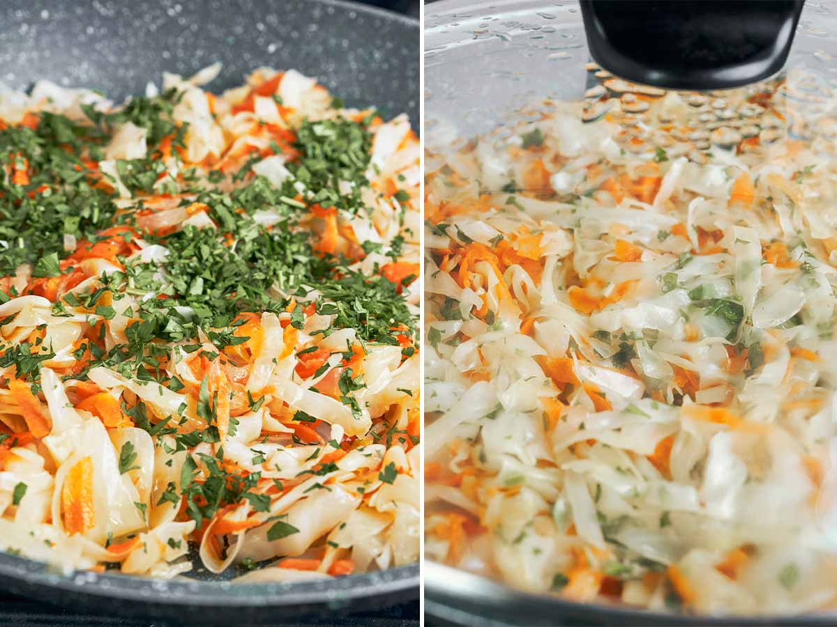 Fresh parsley scattered over the softened cabbage and carrot before the skillet is covered to finish cooking