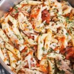 Pork and cabbage pasta with tender pork shoulder, smoky bacon, penne, and fresh parsley