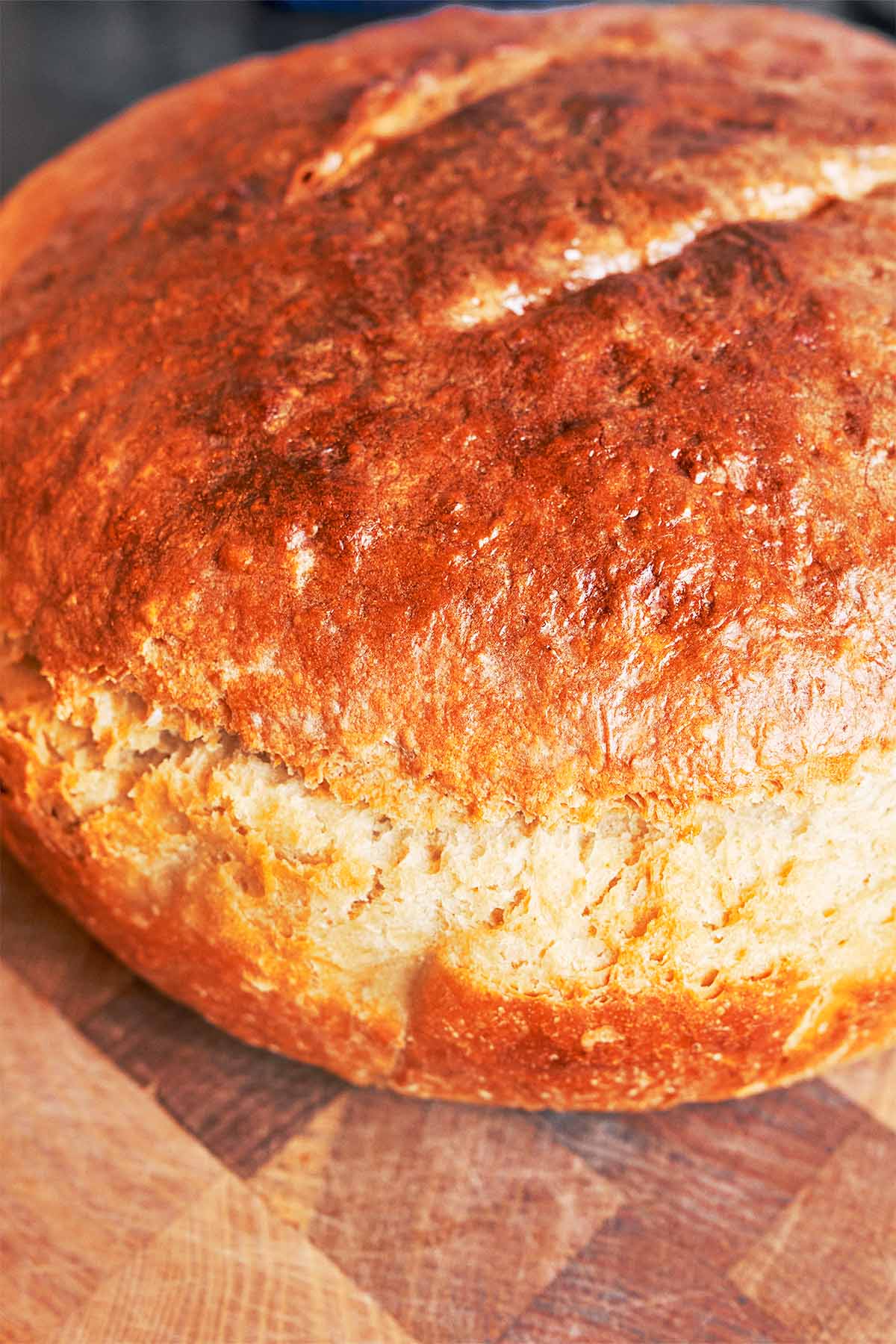 Freshly baked loaf with a deep golden crust, just out of the oven