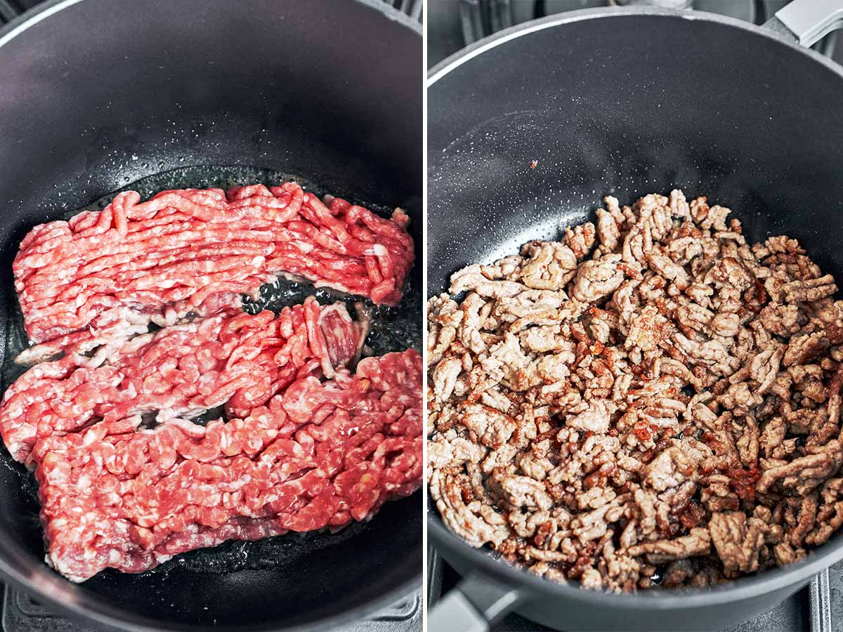 Ground beef browning in a deep pot, from raw beef to small crumbles with golden-brown edges.