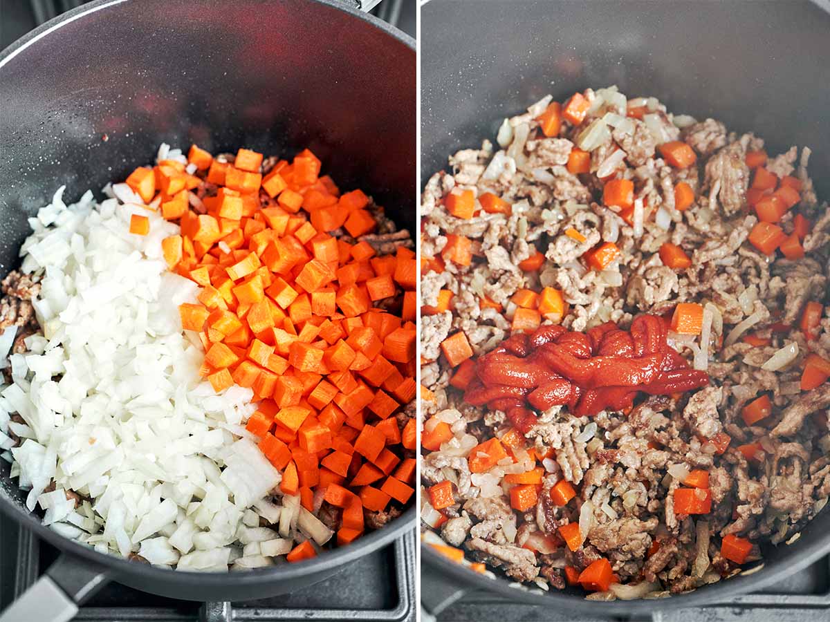 Diced onion and carrots cooking with browned beef, followed by a spoonful of tomato paste as steam rises from the pot.