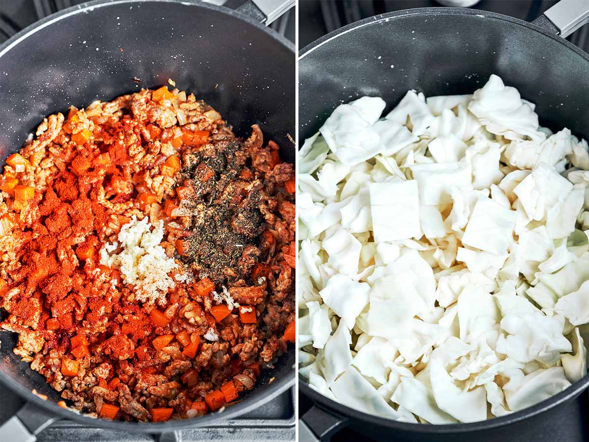 Garlic, sweet paprika, and thyme added to the beef and vegetables, then topped with a generous pile of chopped cabbage.