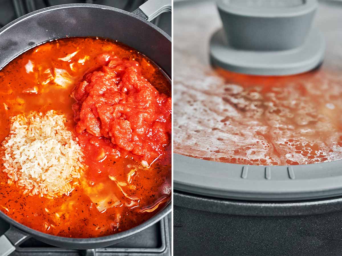 Uncooked rice and crushed tomatoes added to the cabbage and beef broth, then simmering under a steamy glass lid.