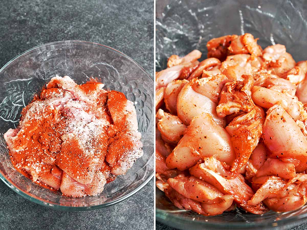Chicken thigh pieces tossed with paprika, salt, and black pepper until evenly coated and ready for the pan.