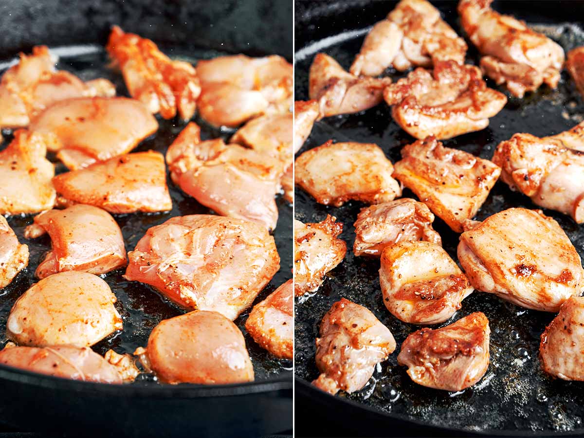 Chicken thigh pieces browning in the pan until the edges turn golden and flavorful.