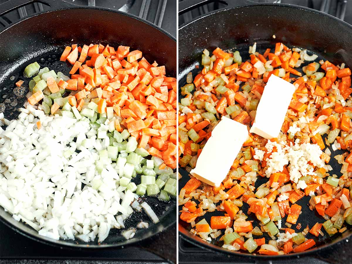 Onion, carrots, and celery softening in the pan before butter and fresh garlic are stirred in for extra flavor.