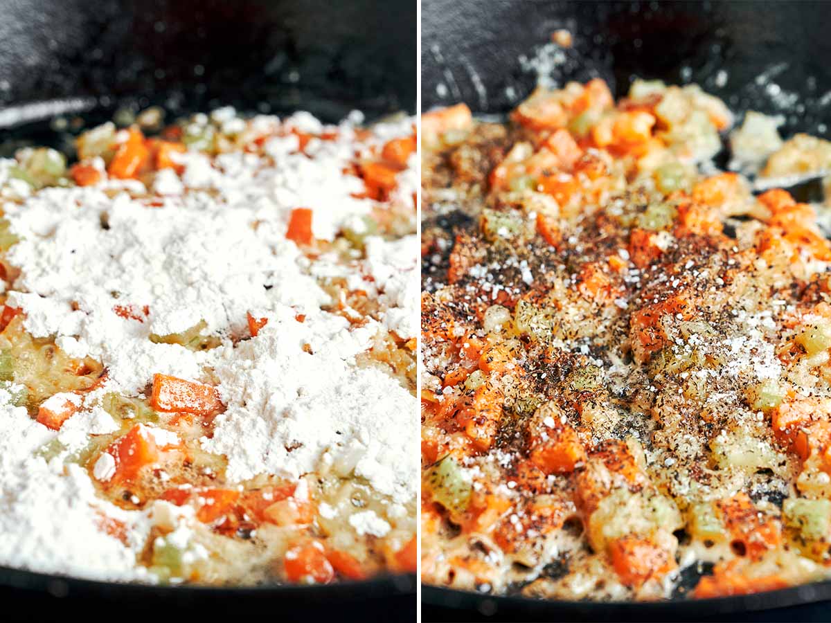 Flour coating the softened vegetables before salt, black pepper, and dried thyme are stirred in to build the stew base.