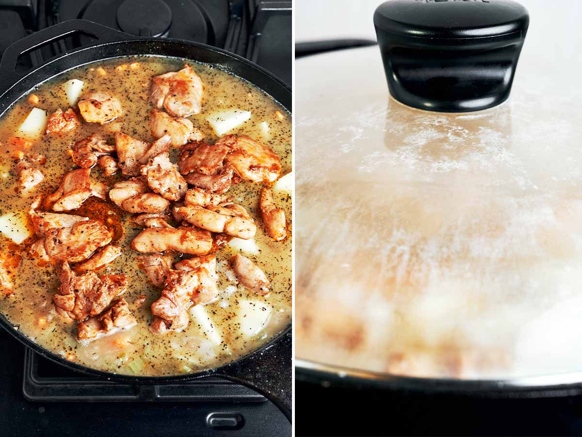 Chicken and potatoes simmering together in the savory broth before the pan is covered and left to cook until tender.
