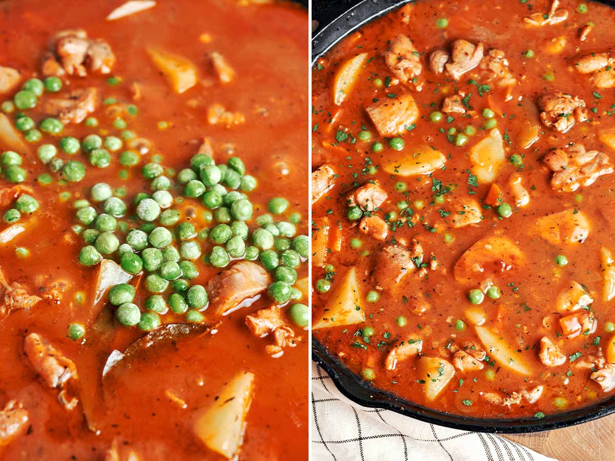 Frozen peas stirred into the rich chicken stew, then finished with fresh parsley just before serving.