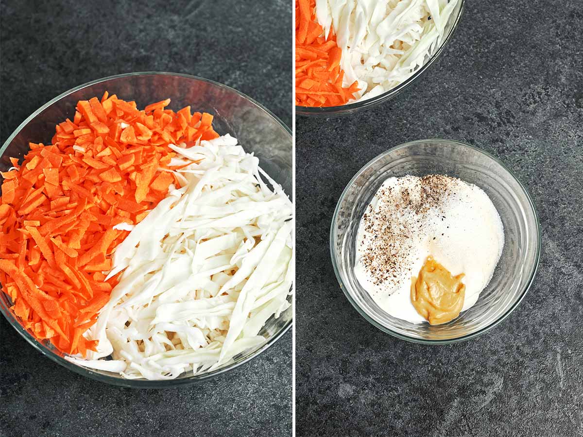 Thinly sliced cabbage and bright orange carrots ready to toss, with mayonnaise, sour cream, Dijon, and seasonings in a separate bowl.