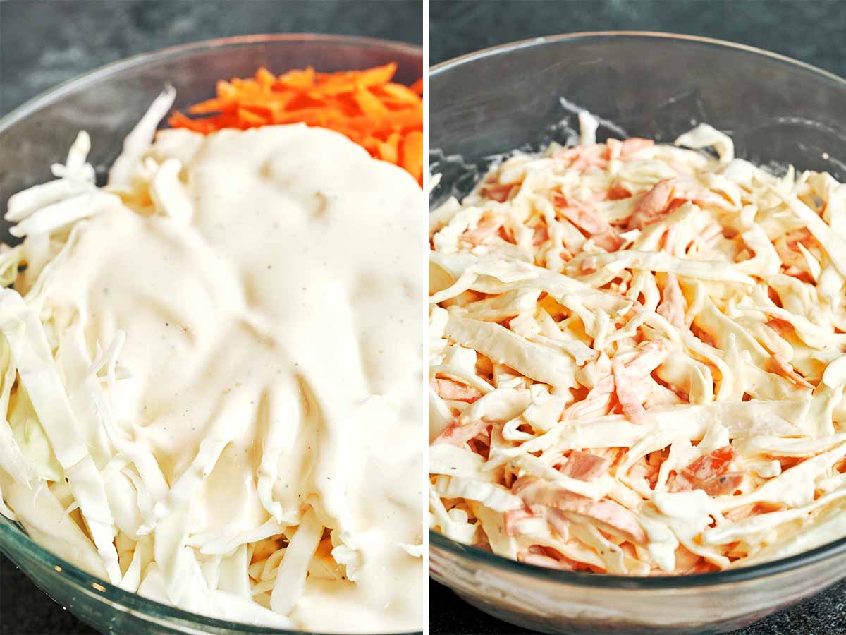 Creamy dressing spooned over sliced cabbage and carrots, then tossed until every strip is coated in the glass mixing bowl.