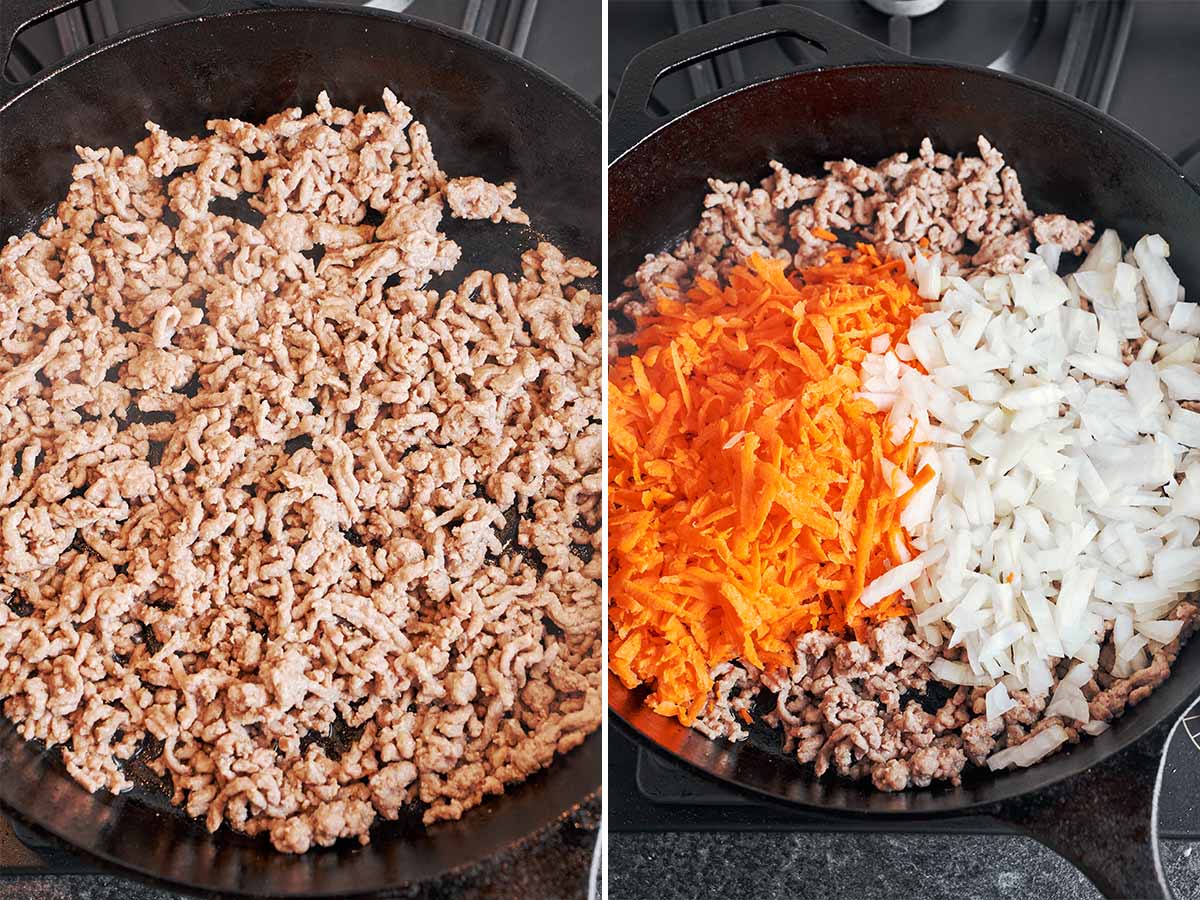 Browned ground beef in a skillet, followed by chopped onion and freshly grated carrot added to cook with the beef.