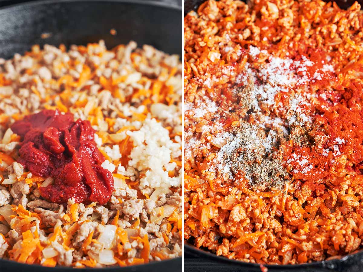 Tomato paste and minced garlic added to the beef mixture, followed by paprika, thyme, salt, and black pepper.