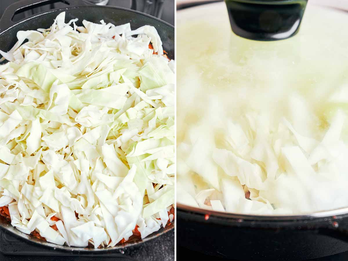 Chopped cabbage piled over the seasoned beef mixture, then covered so it can soften gently in the skillet.