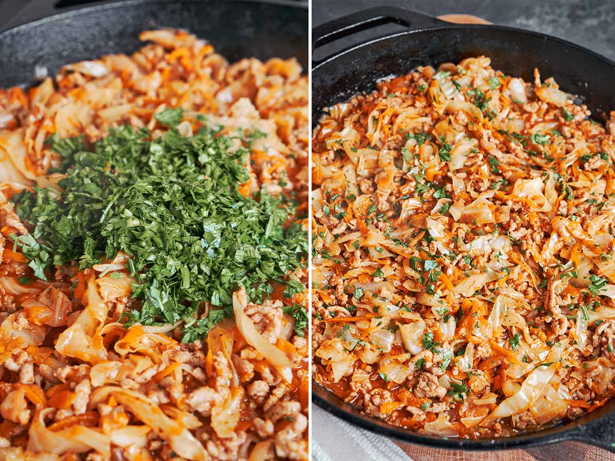 Fresh parsley folded into the tender cabbage and beef as the last bit of liquid cooks off in the skillet.