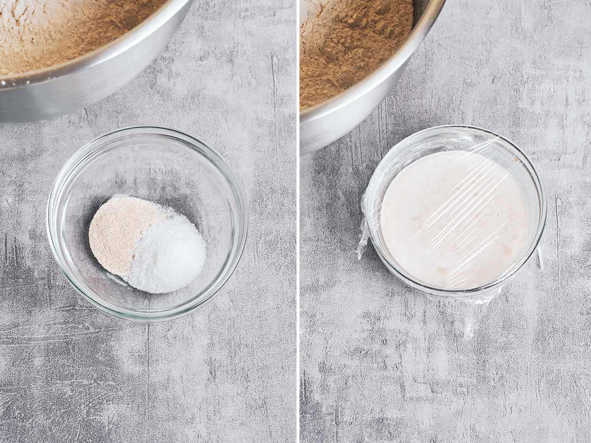 Yeast and sugar mixed with warm water, then covered and left to become foamy