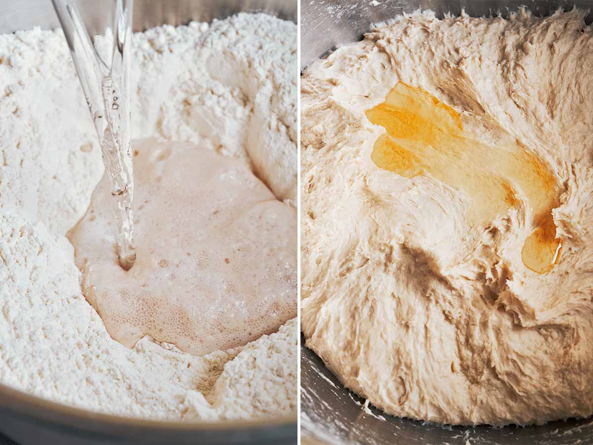 Pouring warm water into the flour and yeast, then working oil into the dough once it comes together