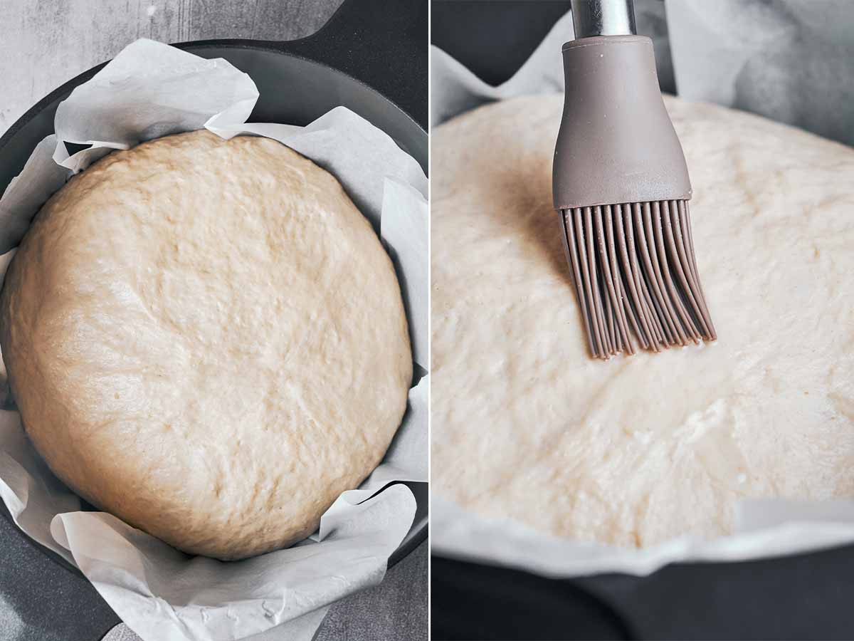 Risen dough in the baking pan, then brushed with egg white before going into the oven