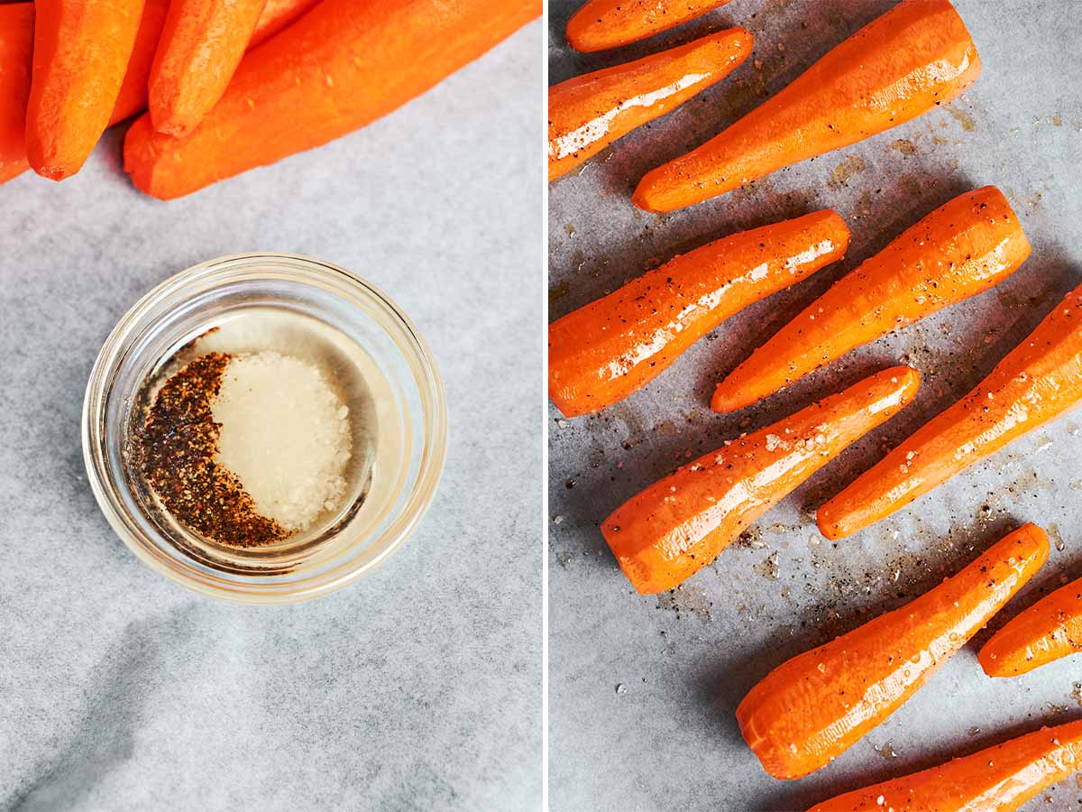 Peeled carrots tossed with olive oil, salt, and black pepper and spread out on a baking sheet before roasting