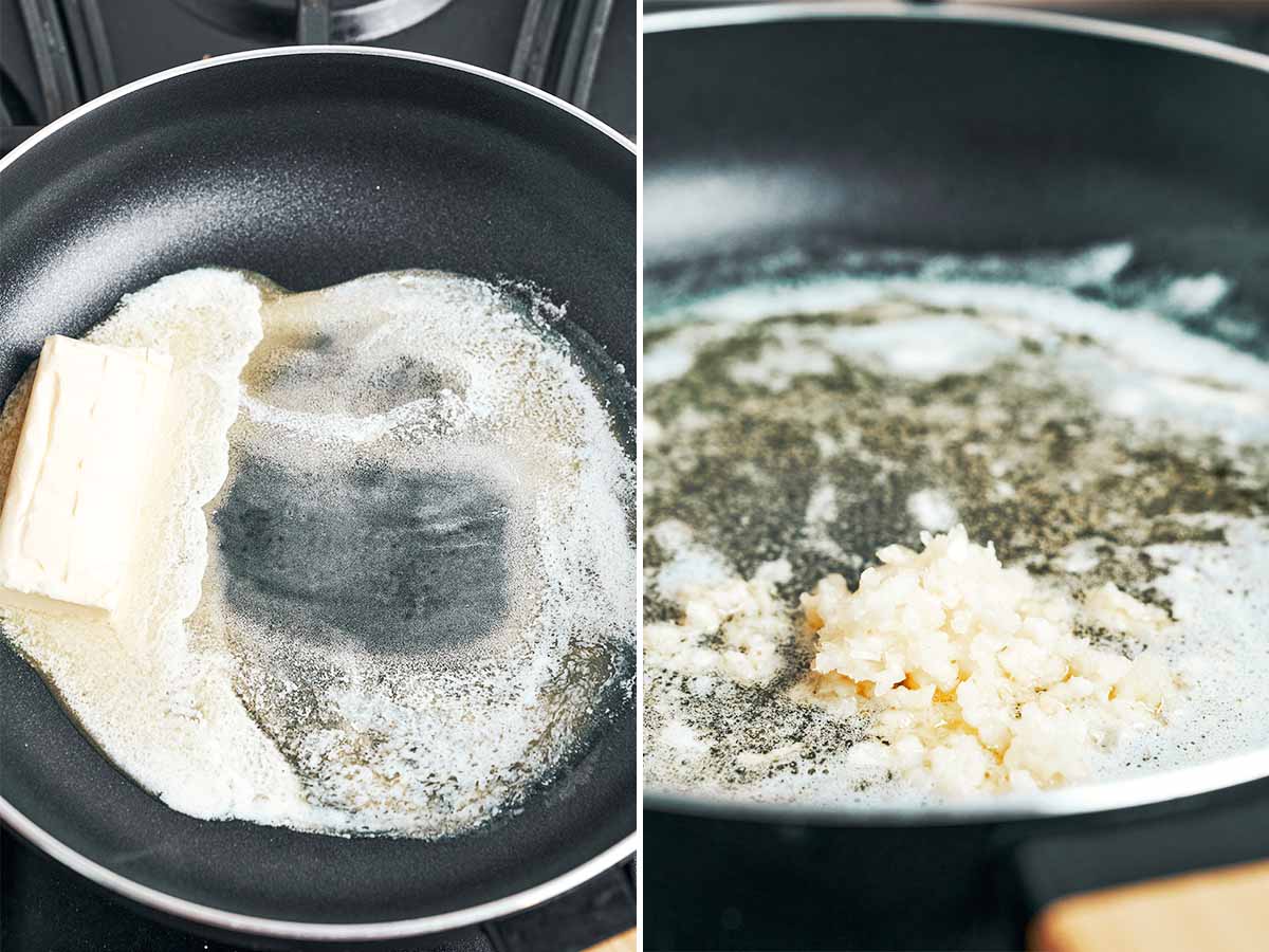Melted butter and minced garlic warming gently in the pan until fragrant