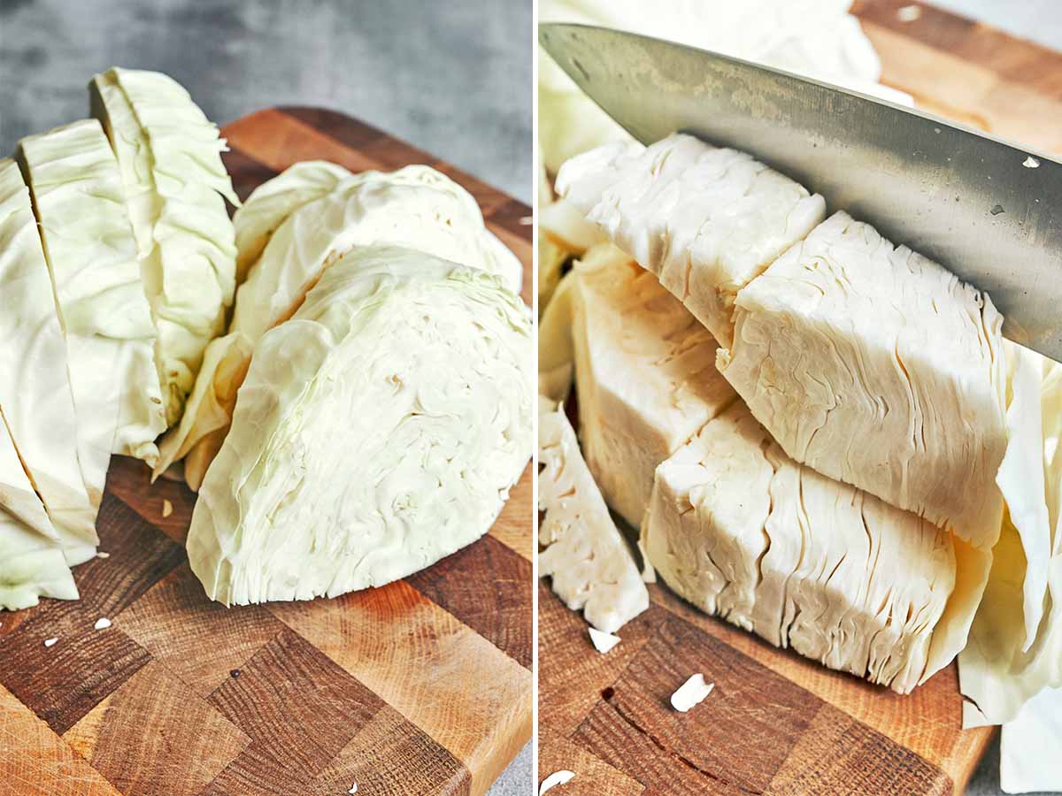 Fresh cabbage wedges sliced into thick strips and chunky pieces on a wooden cutting board.