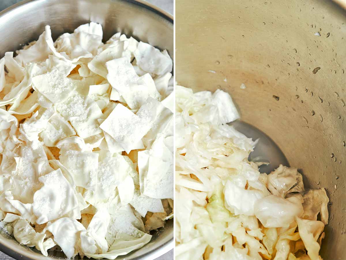 Chopped cabbage sprinkled with salt, then rested until slightly softened, with juices pooling at the bottom of the bowl.