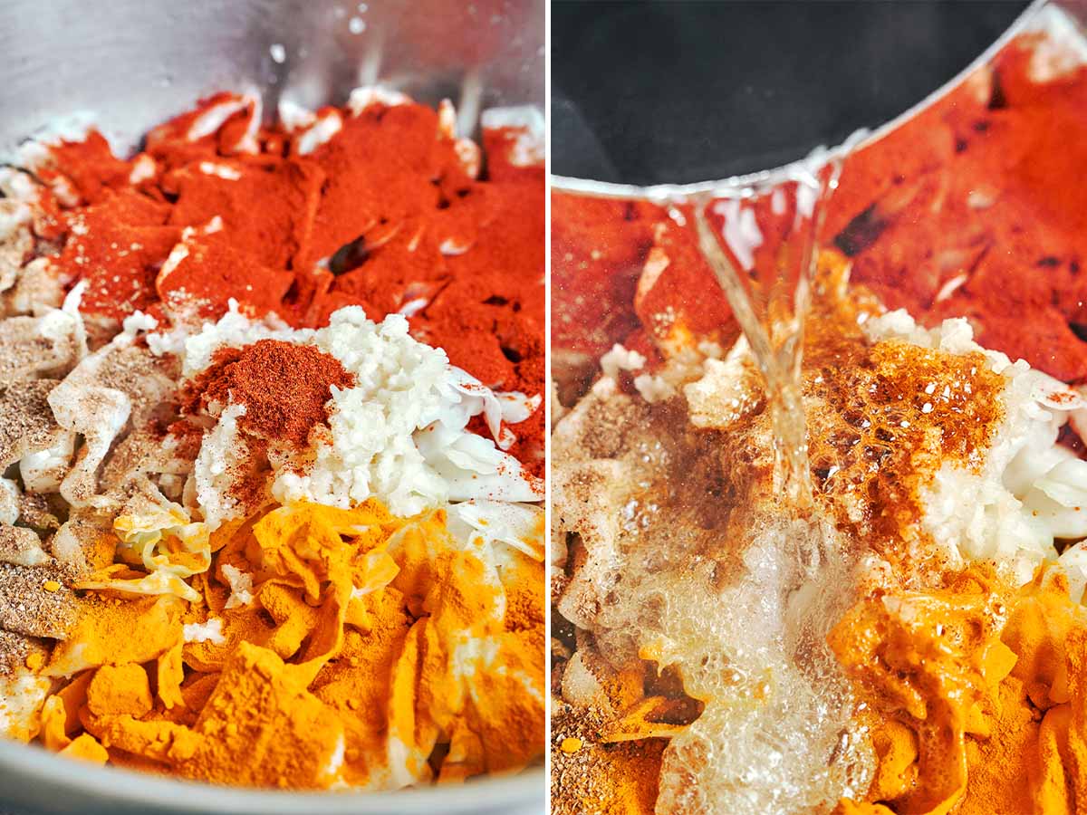 Hot oil poured over minced garlic and chili on the seasoned cabbage, bubbling as it meets the spices.