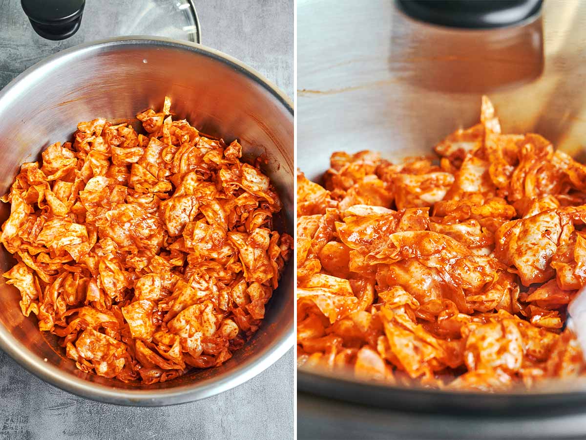 Cabbage tossed until every fold is coated in the glossy paprika and garlic dressing, ready to cover and chill.