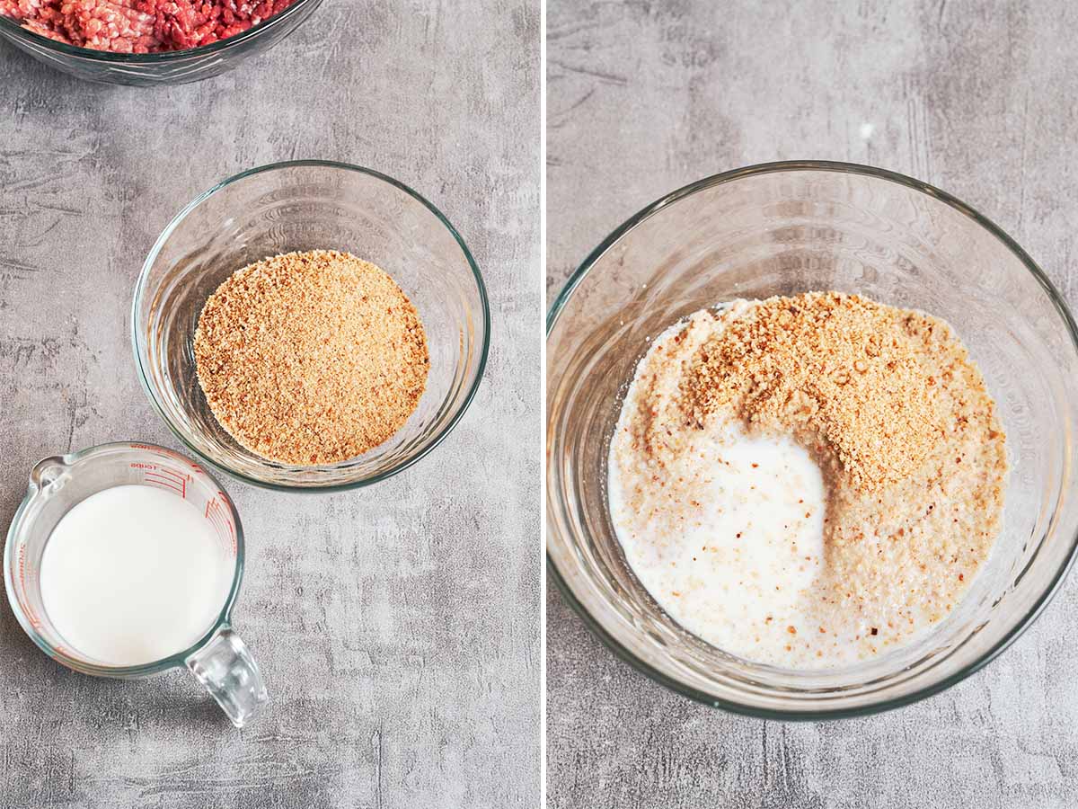 Breadcrumbs soaking in milk before being mixed into the meatballs