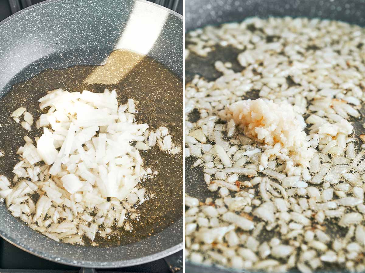 Onion softening in the skillet before the garlic is stirred in