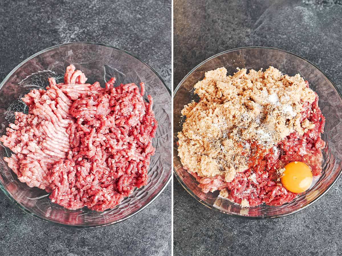 Ground beef and pork with soaked breadcrumbs, egg, and seasonings ready to be mixed