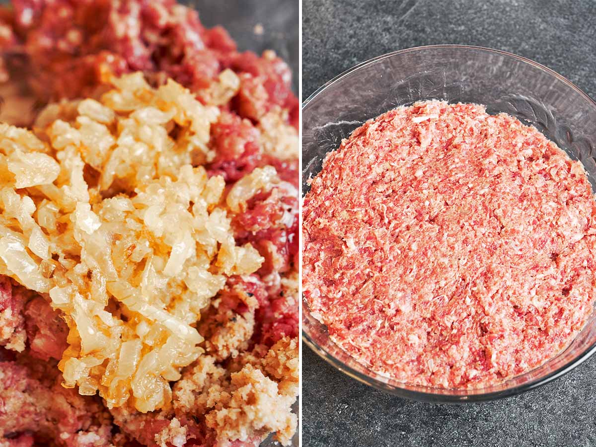 Cooked onion added to the beef and pork mixture before shaping the meatballs