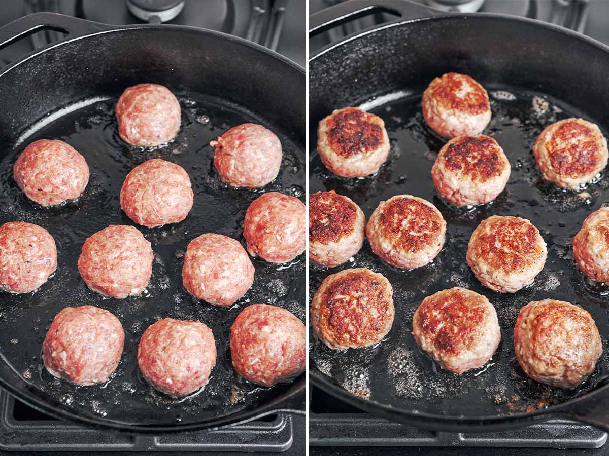 Meatballs browning in the skillet until deeply golden on the outside
