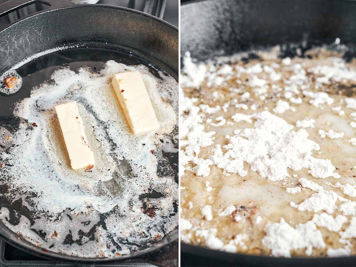 Butter and flour coming together in the skillet to start the creamy gravy